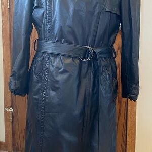 Bermans Medium Women’s Long Black Leather Trench Coat with Belt Removable Liner